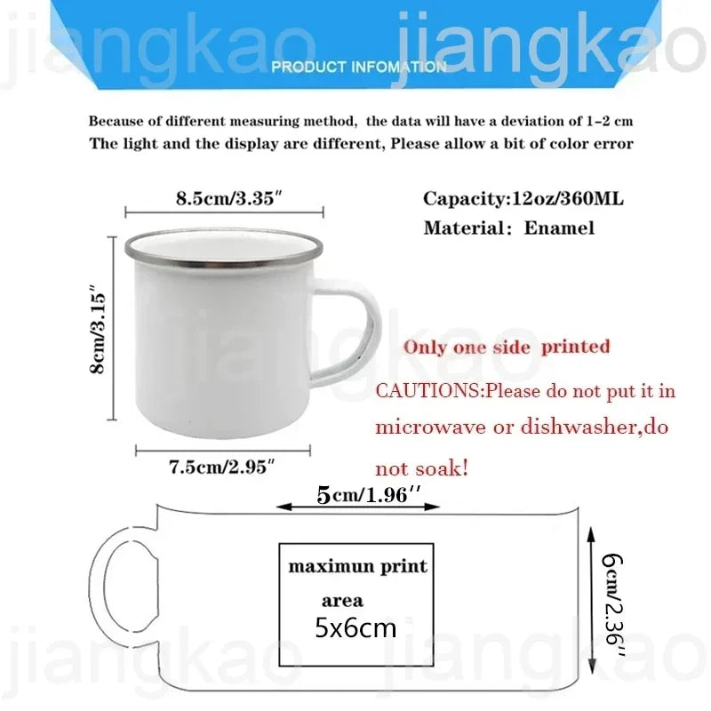 Dimensions du mug émaillé : 8,5 cm de diamètre, 8 cm de haut, 360 ml