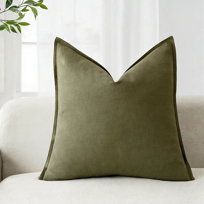Housse de coussin coton et ramie, coloris vert kaki