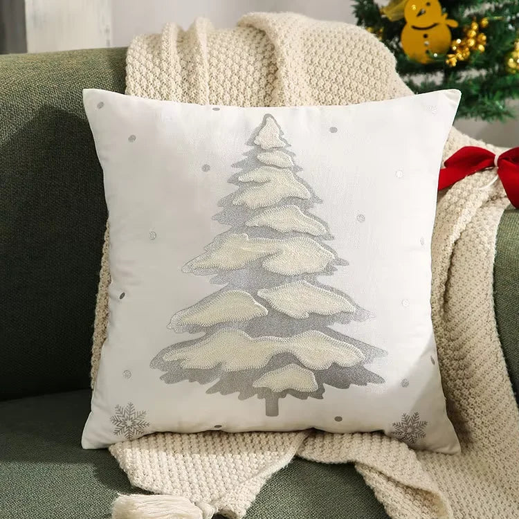 Housse de coussin de Noël brodée en velours, motif sapin blanc