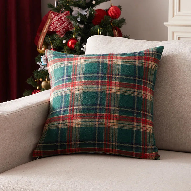 Housse de coussin tartan de Noël, coloris vert
