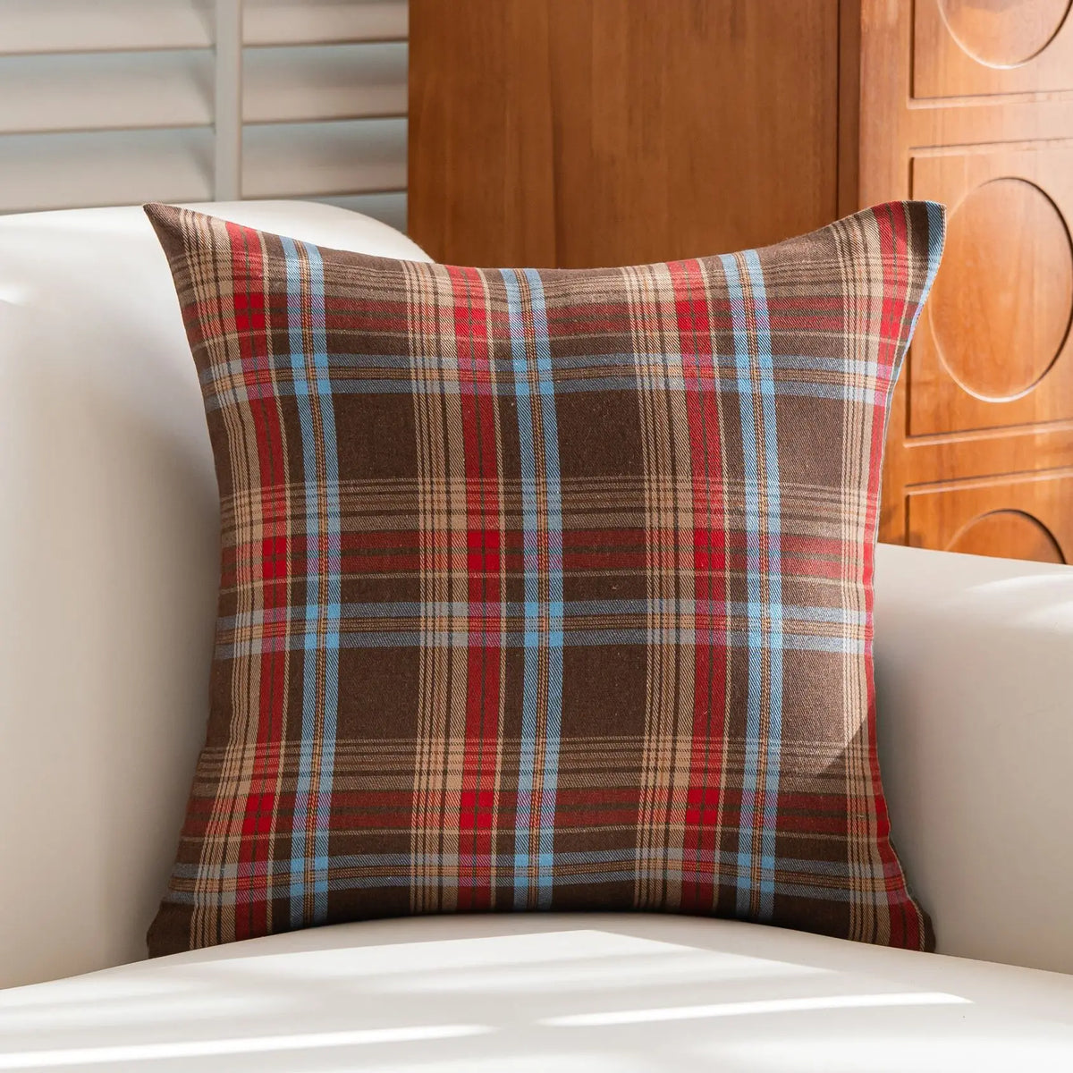 Housse de coussin tartan de Noël, coloris brun