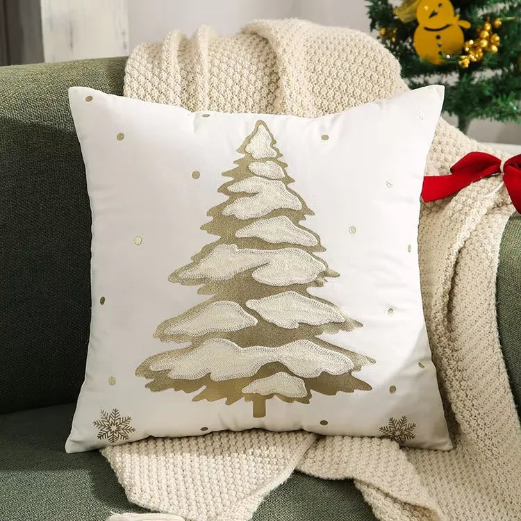 Housse de coussin de Noël brodée en velours, motif sapin doré