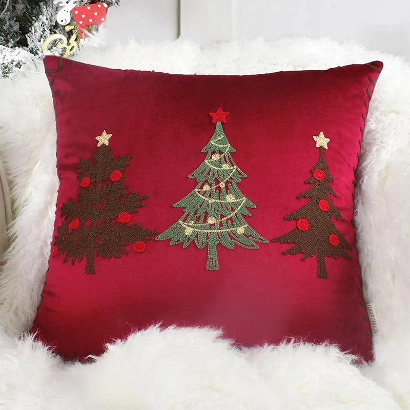 Housse de coussin de Noël brodée en velours, motif rouge
