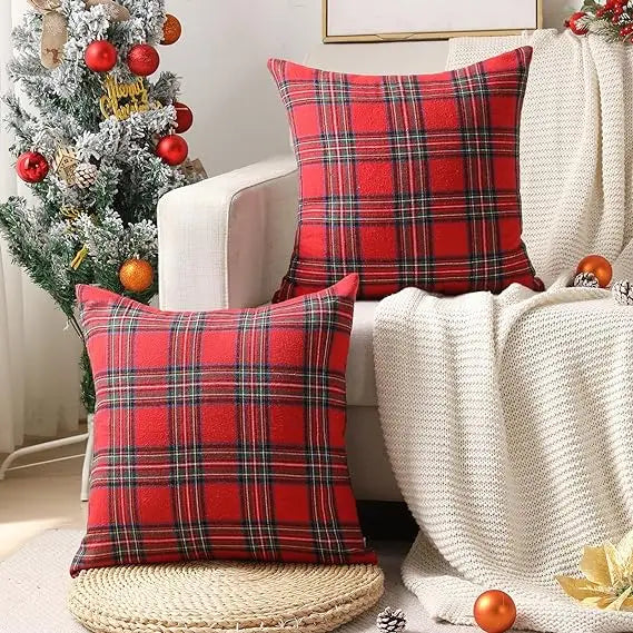 Housse de coussin tartan de Noël, coloris rouge