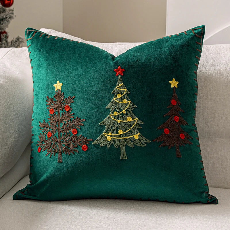 Housse de coussin de Noël brodée en velours, motif vert