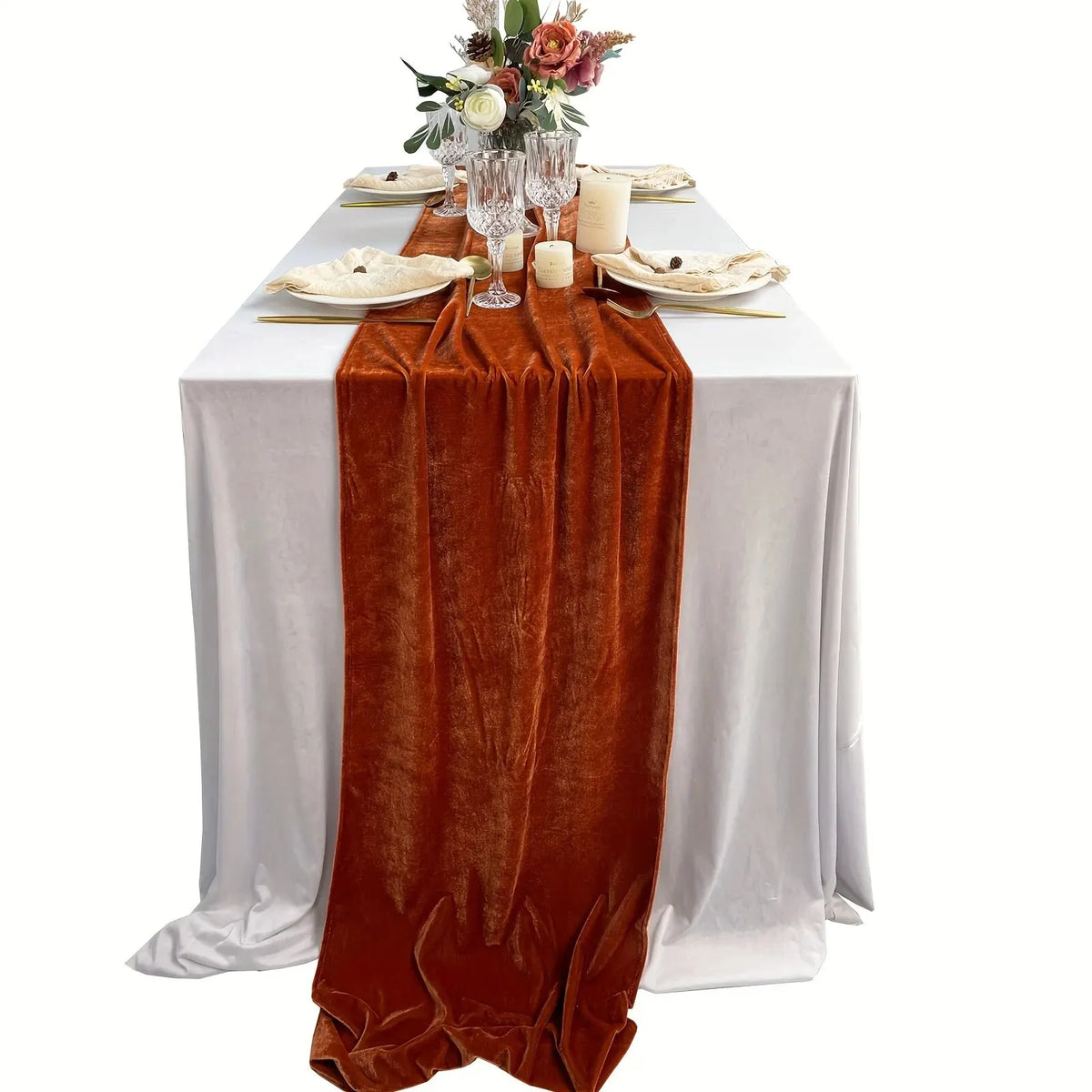Chemin de table en velours rouille, 305 cm