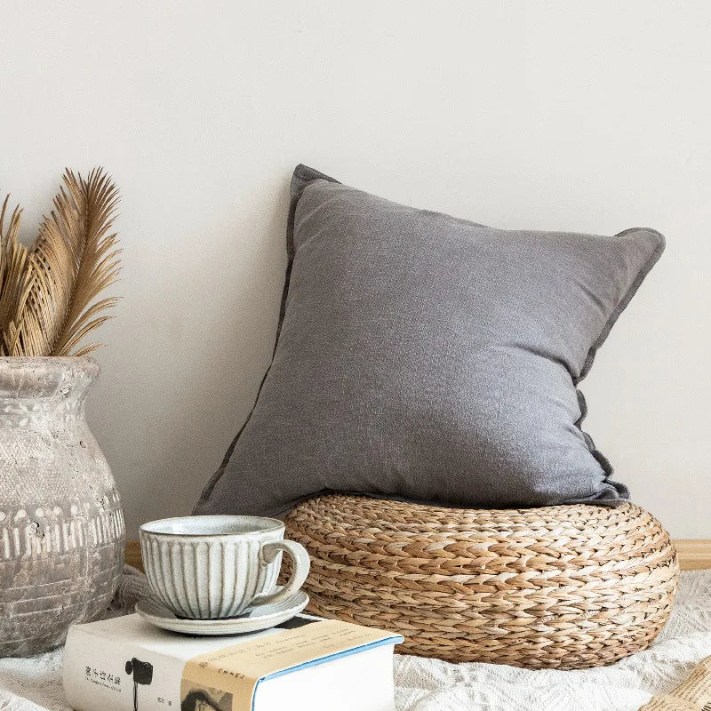 Housse de coussin coton et ramie, coloris gris clair